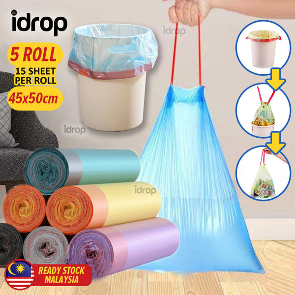 idrop [ 5 Rolls ] Drawstring Garbage Rubbish Bag / Beg Sampah Bersama Tali Ikat / 5卷抽拉绳圾袋45*50CM(万家净