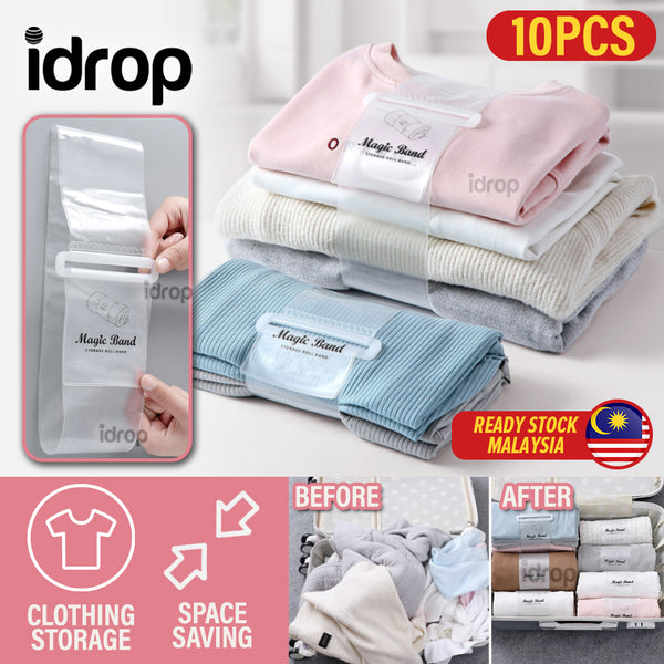 idrop [ 10PCS ] Magic Band Clothing Storage Wrap ( 11 X 59CM) / Strap Tali Lilit Balut Baju / 中号衣服收纳卷(PP衣服整理自粘卷困器)11*59CM(MAGIC BAND)