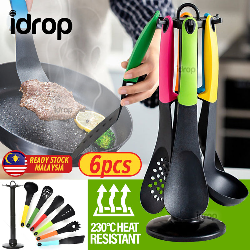 idrop 6PCS Kitchen Colorful Cooking Utensil Set 230°C Heat Resistant with Rotating Hang Stand