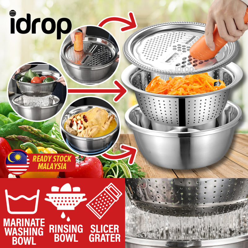idrop [ 3 IN 1 ] 28CM Multifunction Kitchen Washing Rinsing Slicing Grating Bowl Set