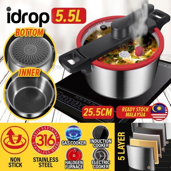 idrop [ 5.5L ] 25.5CM Stainless Steel Micro Pressure Non Stick Cooking Soup Pot Cooker