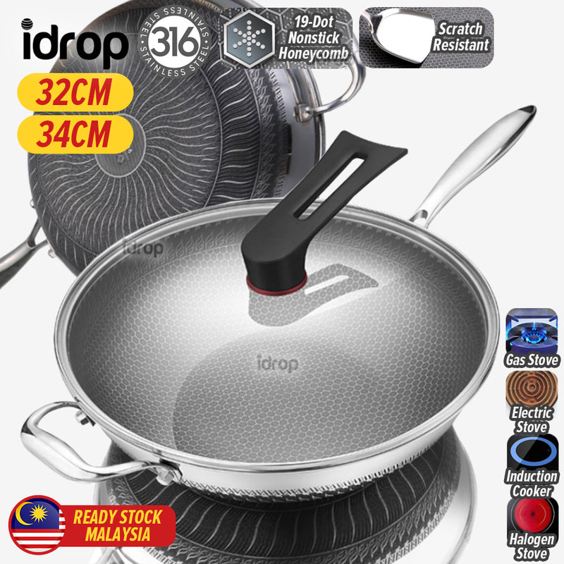 idrop [ 32CM / 34CM ] Stainless Steel SUS316 Frying Cooking Cook Wok with Glass Lid Cover / Kuali Masak Keluli Tahan Karat Bersama Penutup Kaca / 32CM 34CM不锈钢SUS316煎炒炒锅带玻璃盖