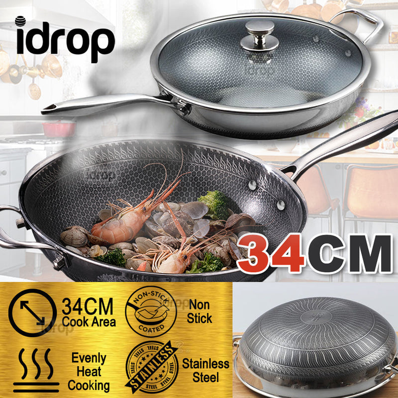 idrop 34CM NON-STICK Honeycomb Stainless Steel Cooking Wok Pot + Lid Glass Cover