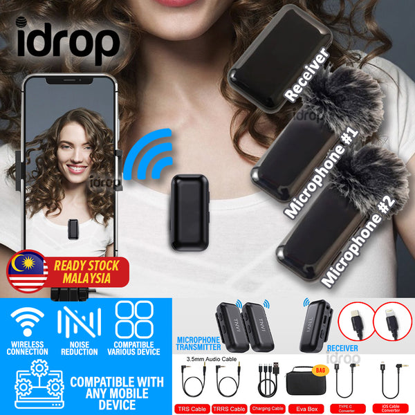 idrop Wireless Microphone System with Rechargeable Transmitter Receiver Lapel Lavalier Microphone for Smartphone Computer / Peranti Alat Mikrofon Wayarles dengan Alat Penerima & Pemancar for Android & iOS / 带可充电发射器的无线麦克风系统接收者翻领领夹式麦克风，适用于智能手机电脑