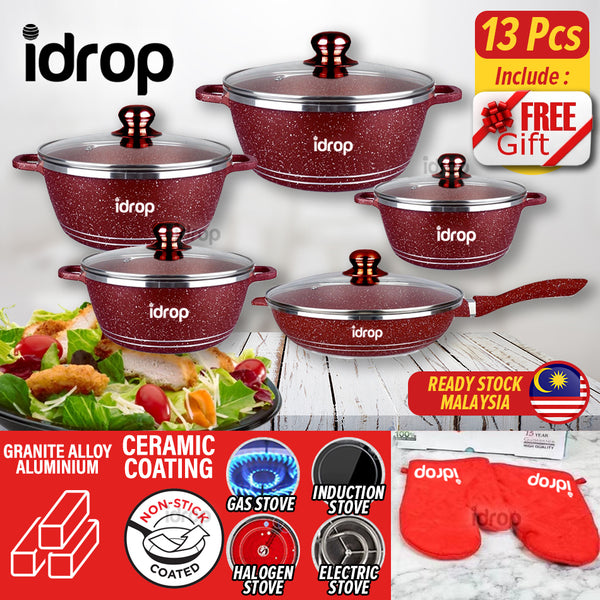 idrop [ 13PCS ]  Ceramic Granite Alloy Non Stick Coating Kitchen Cooking Deep Fry Pan Pot Casserole Set  / Set Periuk Memasak [ Include FREE Gift ]