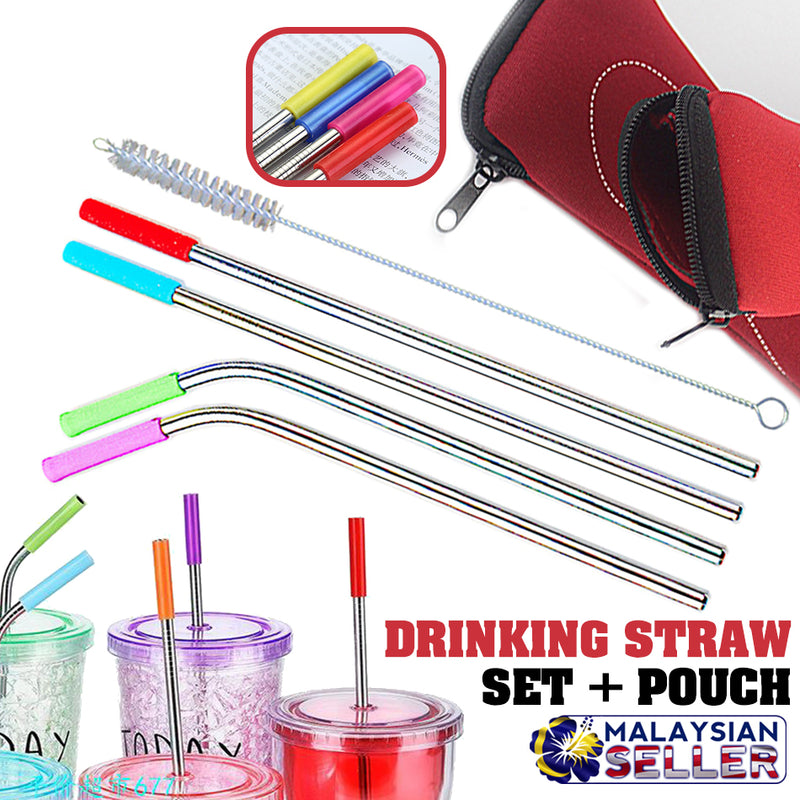 idrop Stainless Steel Silicone Tip 6mm Drinking Straw Set + Straw Pouch