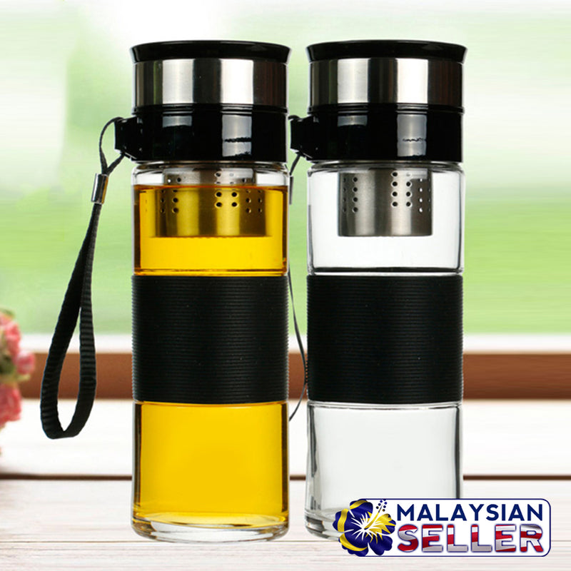 idrop Glass Flask Drinking Bottle Water Container [ 370ml ] with Tea / Coffee Filter Cap