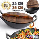 idrop 32CM / 36CM CAST IRON - Wok Cooking Pot with Wooden Lid