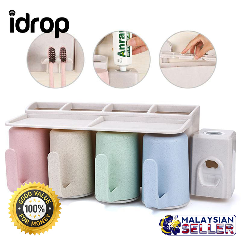 idrop 4 Cup Wheat Straw Toothbrush Toiletry Wall Holder Set