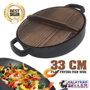 idrop 33CM CAST IRON - Flat Frying Pan Wok with wooden handle
