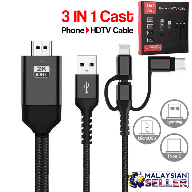 idrop 3 IN 1 Cast - Phone to HDTV Cable [ Lightning / Micro / Type C / HDTV ]