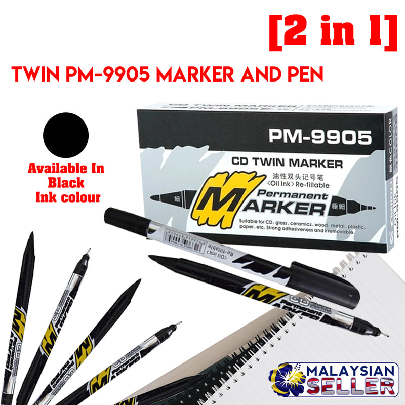 Idrop 12 Pcs PM-9905 2 In 1 CD Twin Permanent Marker and Pen Both Side Black Colour