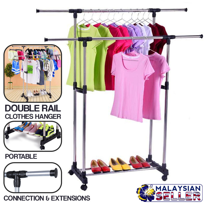 idrop Portable Double Rail Adjustable Garment Hanger Clothes Hanger w/ Wheels