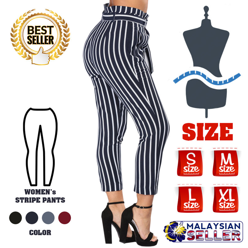idrop Women's High-Waist Striped Cropped Pants with a Front Tie