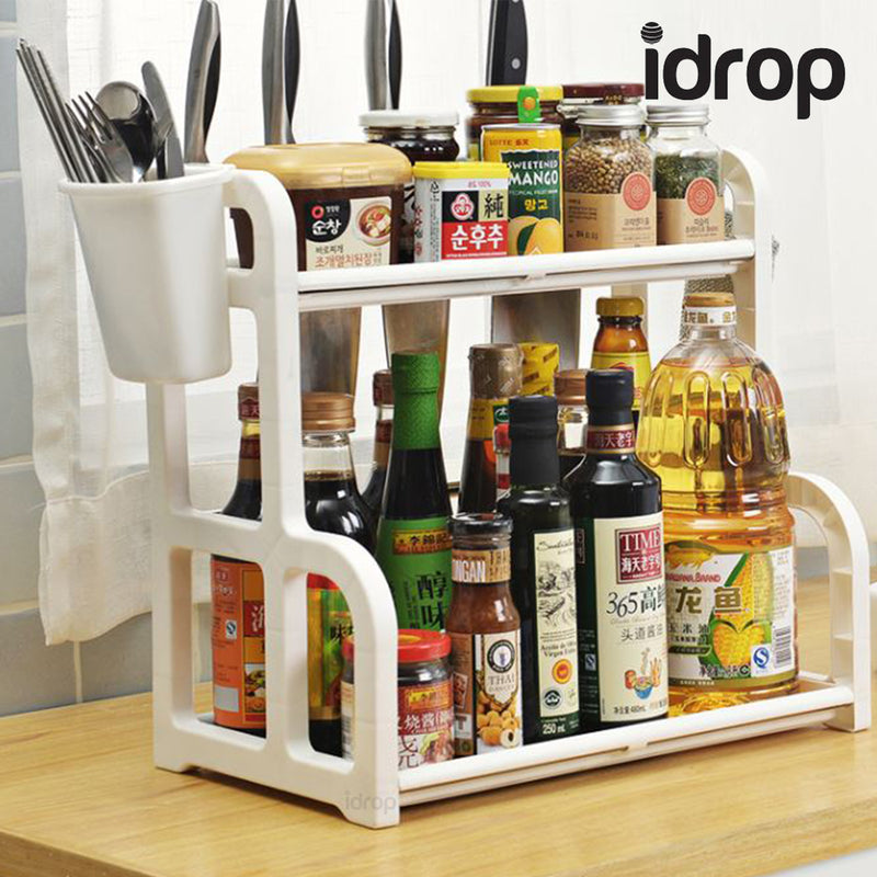 idrop Kitchen Organiser Shelf 2 Layer Shelving with Side Storage, Hooks, and Utensil Cups - 2 Layers Kitchen Plastic Shelf -