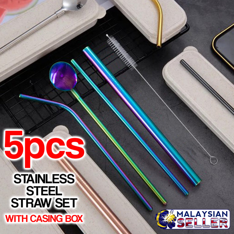 idrop 5pcs Stainless Steel Straw Set with Box Storage Casing