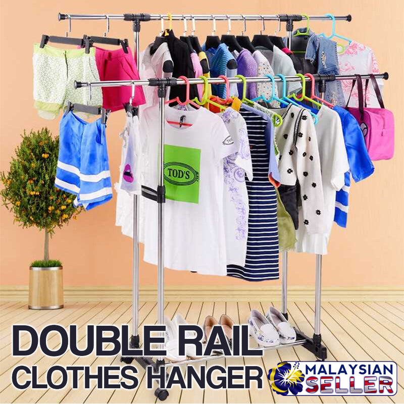 idrop Portable Double Rail Adjustable Garment Hanger Clothes Hanger w/ Wheels