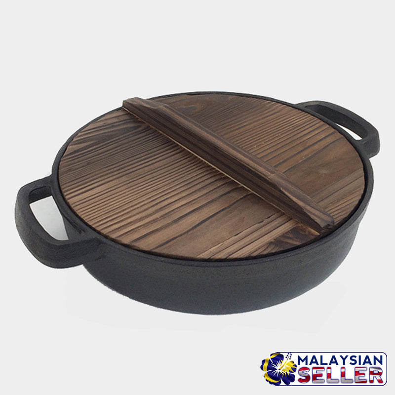 idrop 33CM CAST IRON - Flat Frying Pan Wok with wooden handle