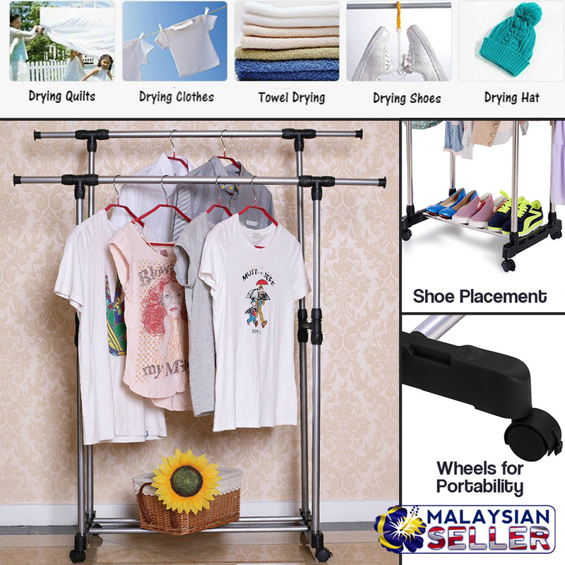 idrop Portable Double Rail Adjustable Garment Hanger Clothes Hanger w/ Wheels
