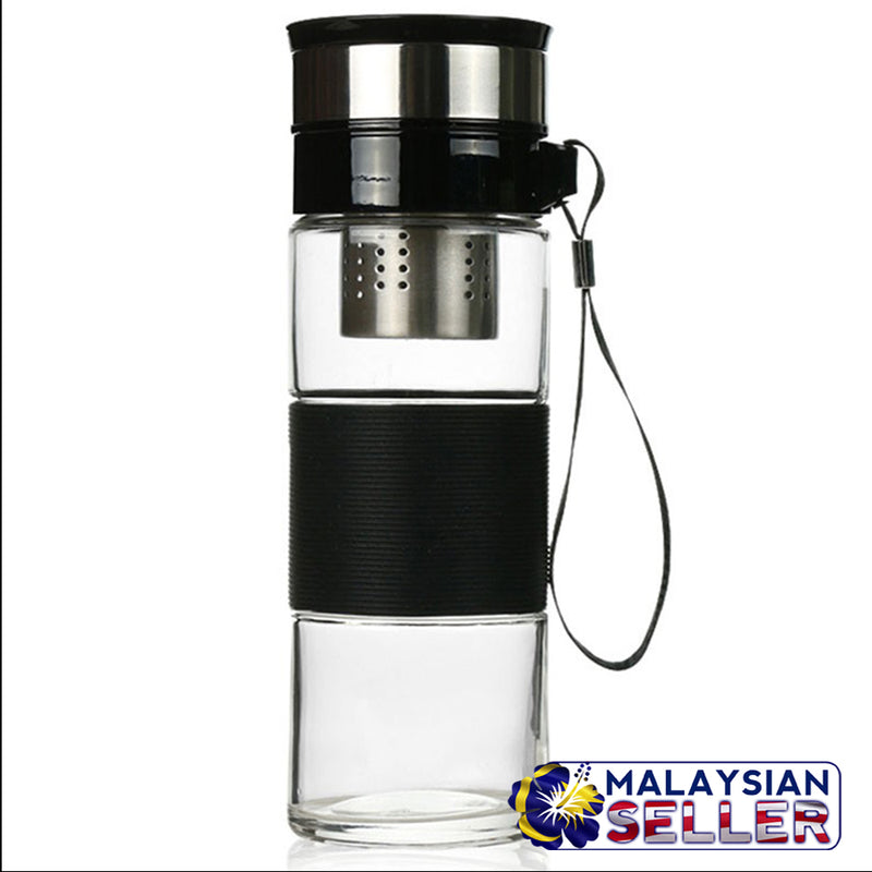 idrop Glass Flask Drinking Bottle Water Container [ 370ml ] with Tea / Coffee Filter Cap