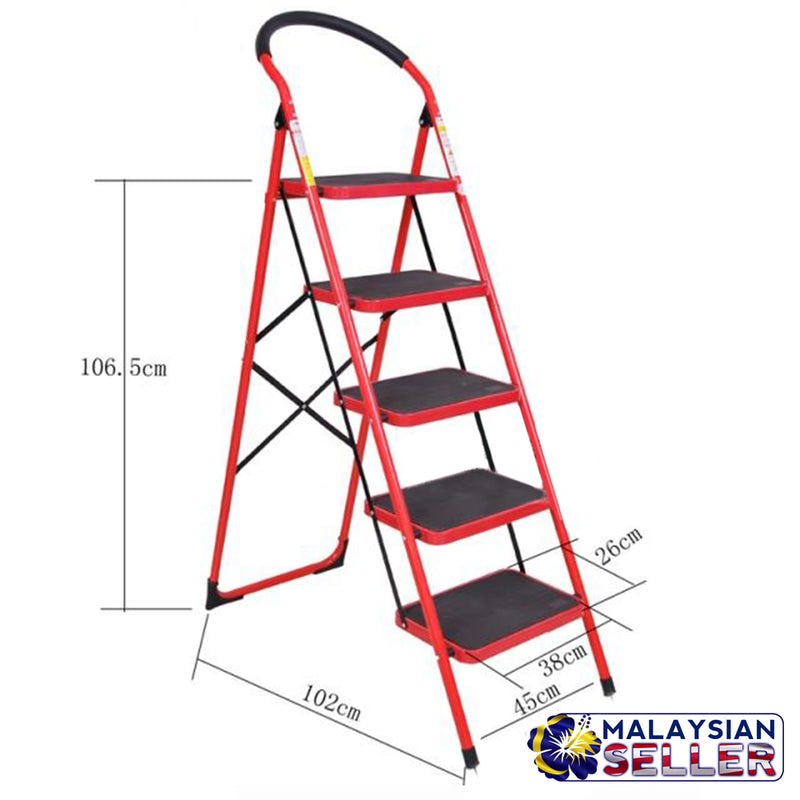 idrop Heavy Duty Foldable Red 5 Step Iron Household Ladder