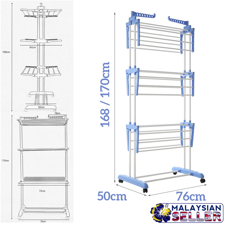 idrop THREE LAYER Foldable Mobile Laundry Clothes Drying Rack With Rotatable Arm Hanger