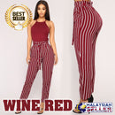 idrop Women's High-Waist Striped Cropped Pants with a Front Tie