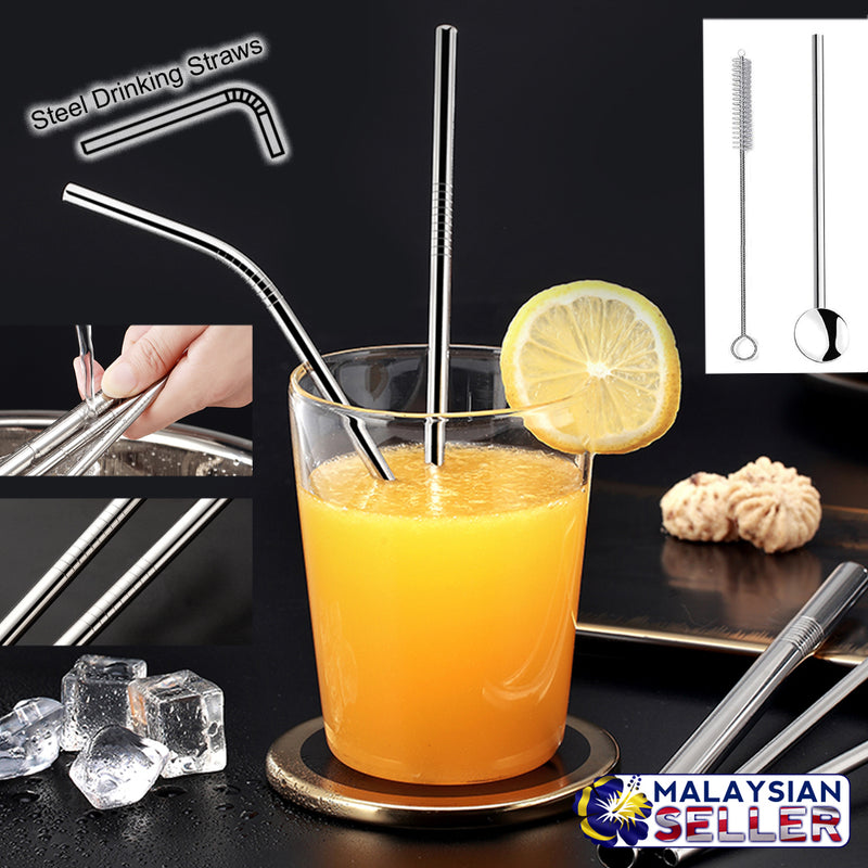 idrop 5 in 1 Stainless Steel Drinking Straws Reusable Metal Spoon with Cleaning Brush