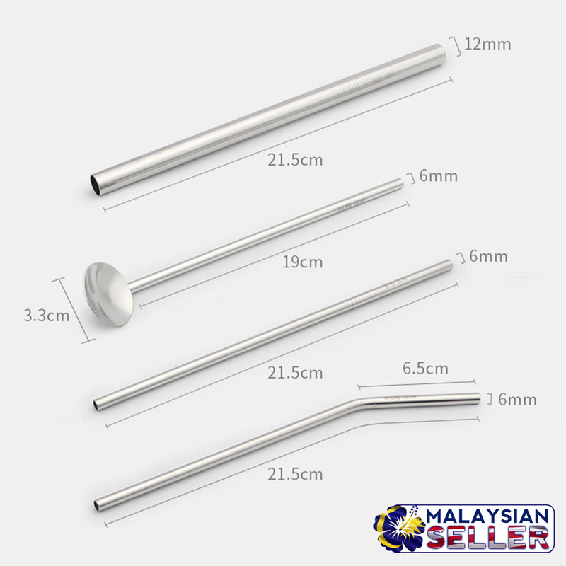 idrop 5 in 1 Stainless Steel Drinking Straws Reusable Metal Spoon with Cleaning Brush