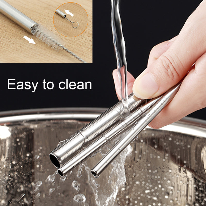 idrop 5 in 1 Stainless Steel Drinking Straws Reusable Metal Spoon with Cleaning Brush