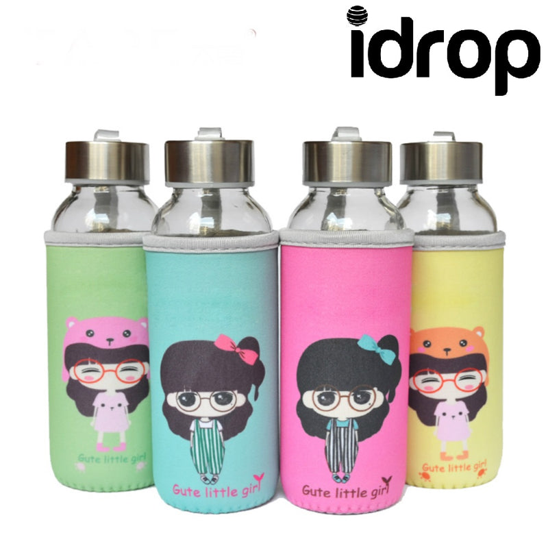 idrop 360ml Cute Little Girl Unbreakable Glass Water Bottle With Cloth Cover
