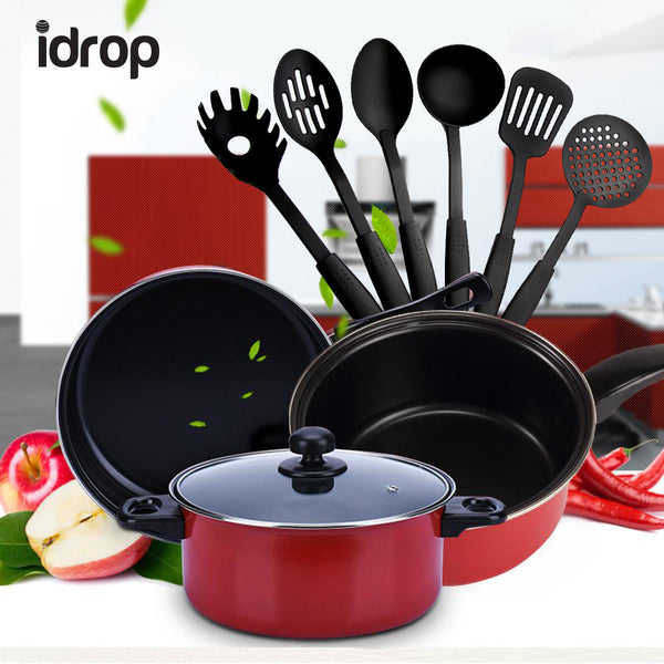 idrop Three-Piece Cookware Pan and Pot Set with Lid Plus 6 Pcs Kitchen Utensil Tool Set [ 11 Piece ]