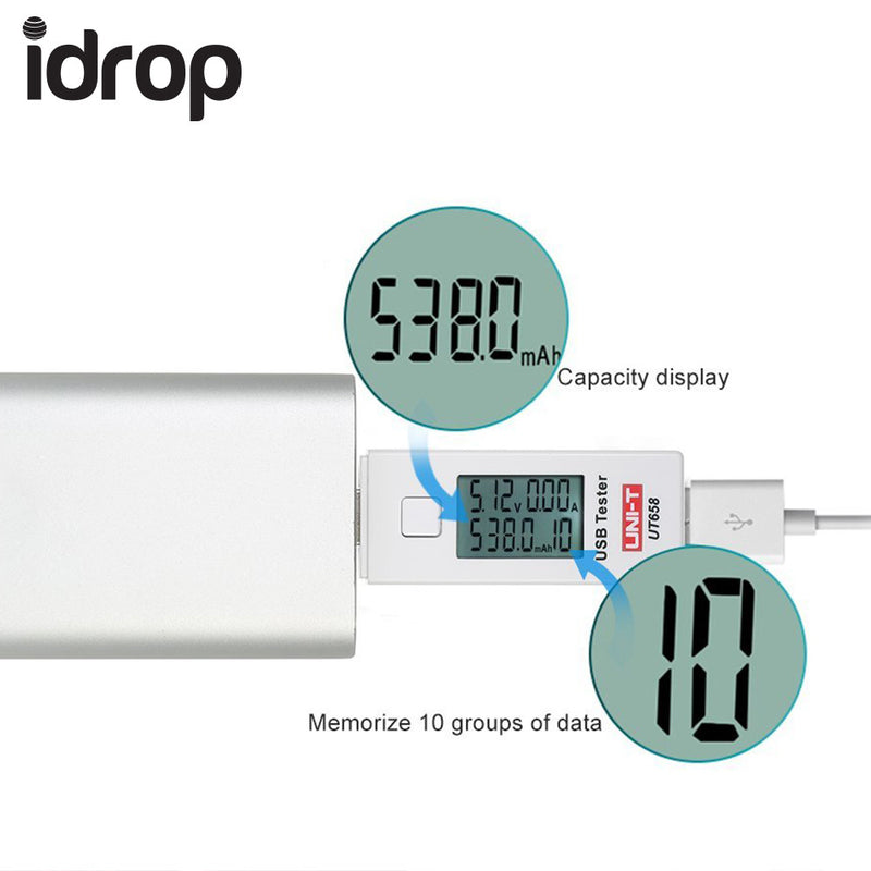 idrop UNI-T UT658 Digital LCD USB Voltage Current Meter U Disk Voltmeter AmMeter Charging Capacity Tester