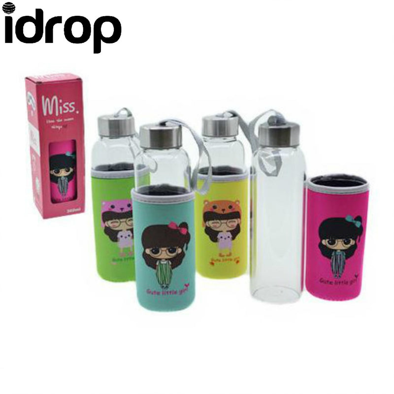 idrop 360ml Cute Little Girl Unbreakable Glass Water Bottle With Cloth Cover