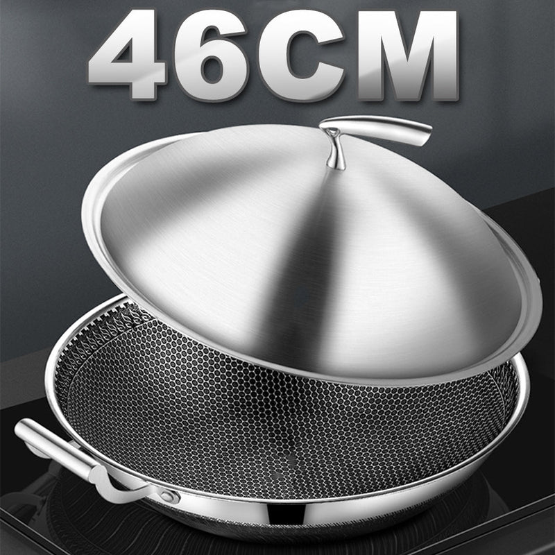 idrop 46CM SUS304 Stainless Steel Kitchen Non Stick Honeycomb Cooking Frying Wok with Lid Cover / Kuali Masak Keluli Tahan karat Bersama Penutup / 46CM SUS304不锈钢厨房不粘蜂窝烹饪炒锅带盖