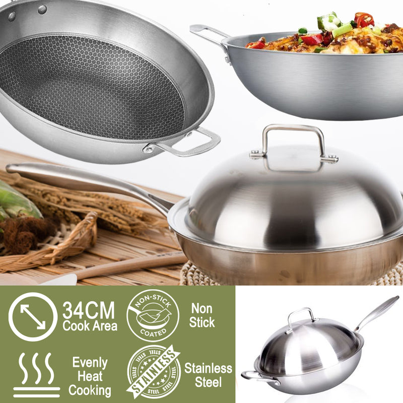 idrop 34cm Stainless Steel Non-Stick Cooking Wok with Full Lid Cover