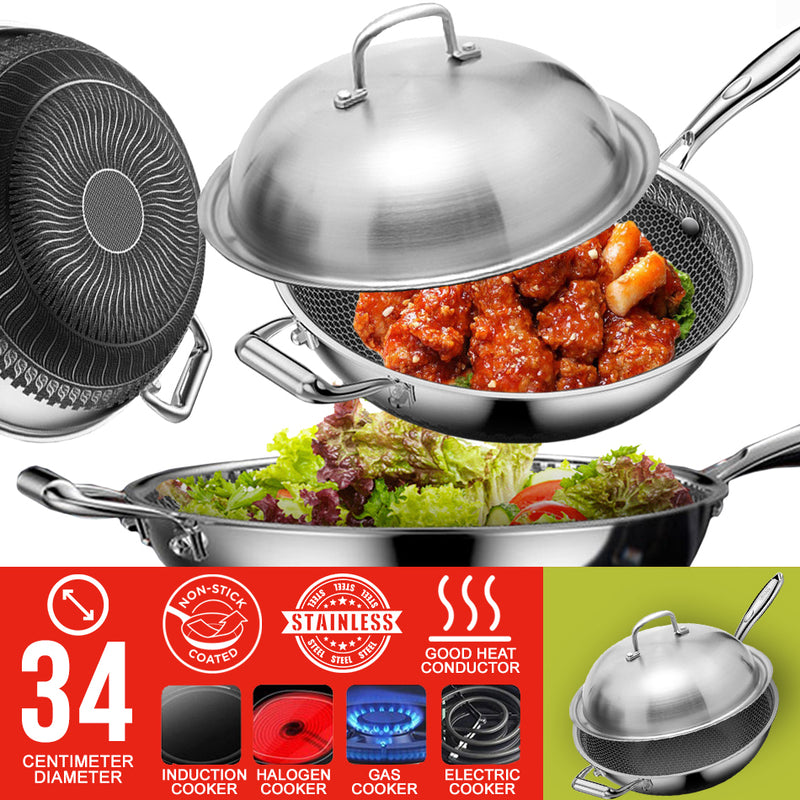 idrop 34cm Stainless Steel Non-Stick Cooking Wok with Full Stainless Steel Lid Cover