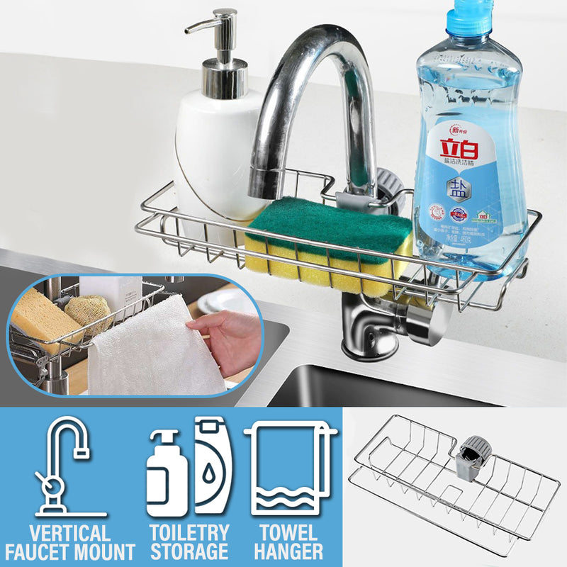 idrop Stainless Steel Pipe Faucet Mount Toiletry Rack Shelf with Cloth Hanger