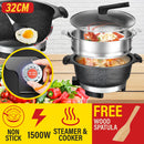 idrop [ 32CM ] 2 LAYER Nonstick Ceramic Cooking Hotpot & Stainless Steel Multifunction Steamer