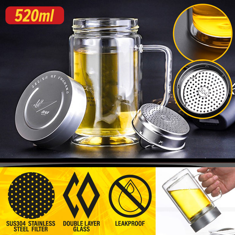 idrop [ 520ml ] Double Layer Glass Heat Insulation Drinking Cup with Stainless Steel Filter with Lid Cover / Cawan Gelas Minuman Penebat Haba / 带盖不锈钢过滤网双层玻璃隔热饮水杯
