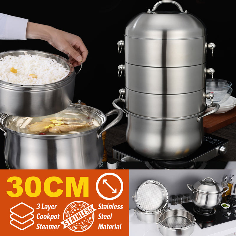 idrop [ 30CM ] 3 LAYER Multilayer Stainless Steel Kitchen Steamer Cooker / Periuk Memasak & Stim Bertingkat / 多层不锈钢厨房蒸锅炊具