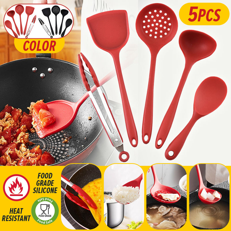 idrop [ 5PCS ] Kitchen Silicone Cooking Utensil Set / Set Dapur Alat Memasak / 硅胶厨具5件套(红黑混 )