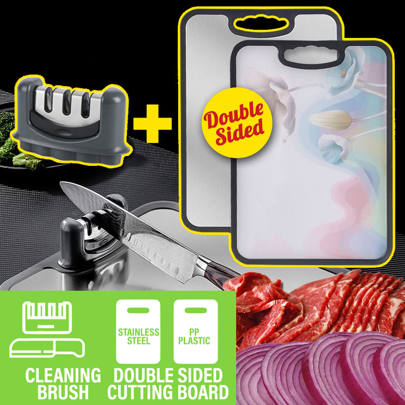 idrop Double Sided Antibacterial Stainless Steel & Plastic Cutting Chopping Board + Knife Sharpener [ 42cm x 30cm ]