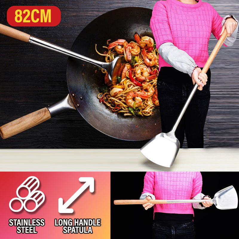 idrop [ 82CM ] Chef Kitchen Long Handle Cooking Spatula Stainless Steel with Wood Handle / Spatula Memasak Dapur Panjang Keluli Tahan Karat & Pemegang Kayu / 木柄铲