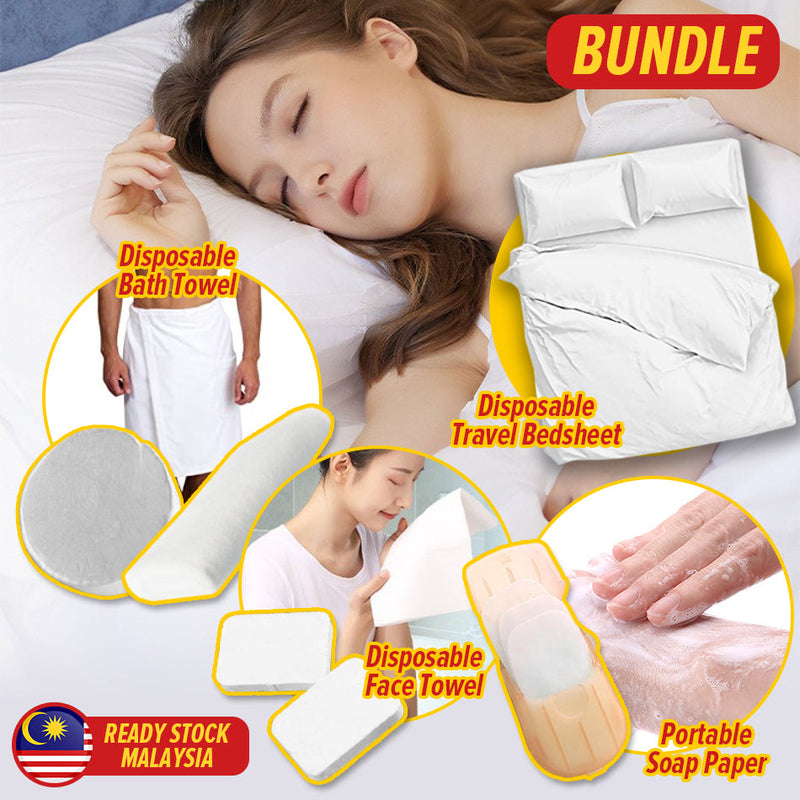 idrop SUPER BUNDLE Disposable Travel Bedsheet Set Bath Towel Face Towel & Paper Soap / Pakai Buang Set Alas Cadar Kati Tuala Mandi Tuala Muka & Kertas Sabun / 套装、一次性旅行床单套装、浴巾、面巾和纸香皂