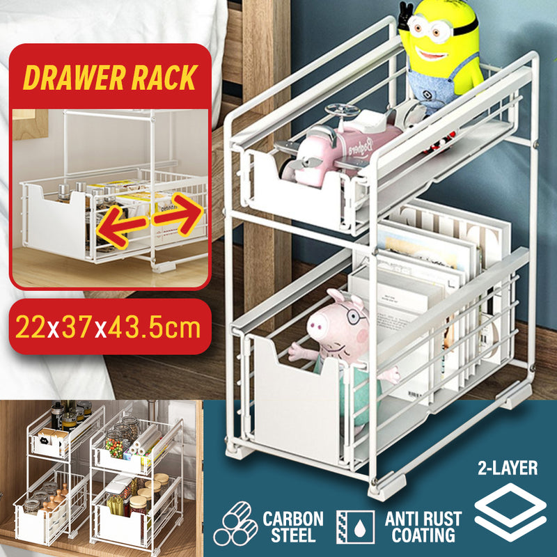 idrop 2 Layer Multipurpose Household Kitchen Sliding Drawer Storage Rack Shelf [ 22cm x 37cm x 43.5cm ] [ WHITE ]