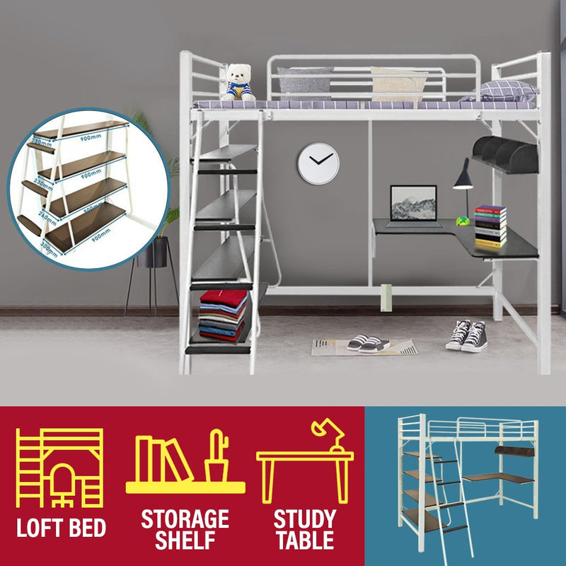 idrop [ 3 IN 1 ] Loft Bunk Bed Frame with Study Table & Book Shelves [ Single Bed ] [ WHITE ]