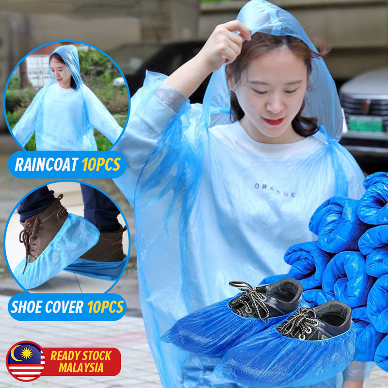 idrop [ 10PCS ] BUNDLE SET Raincoat & Shoe Cover / Set Bundle Baju Hujan & Sarung Kasut Pakai Buang / 套装雨衣和鞋套