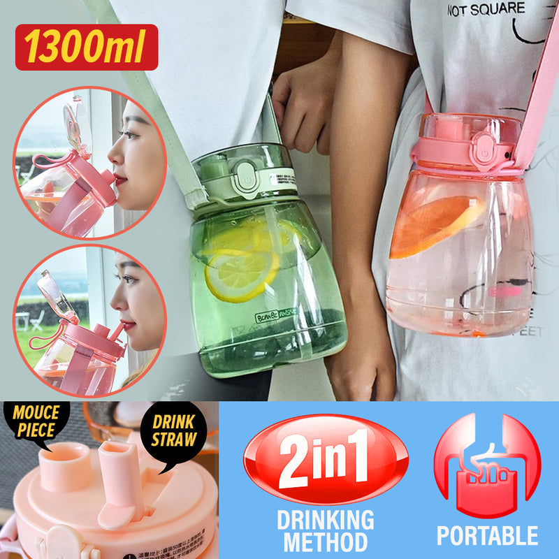 idrop [ 1300ml ] 2 IN 1 Drinking Water Bottle / Botol Minuman / 1300ML塑料创意两饮 大布丁杯(杯带)