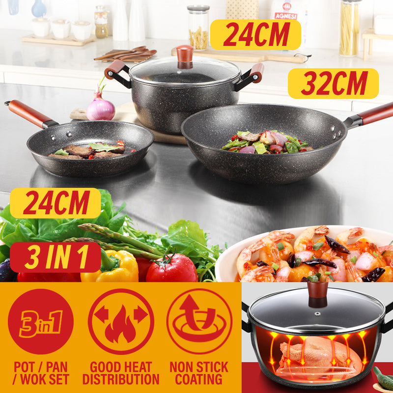 idrop 3 IN 1 [ 24 / 24 / 32cm ] Non-Stick Coated Kitchen Cookware Pot & Pan Cooking Set